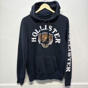 Hollister Embroidered Graphic Tiger Logo Black Pullover Hoodie Men's sz S Unisex